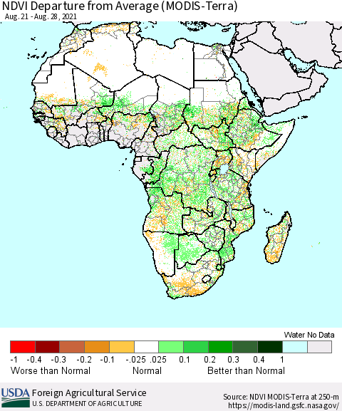 Africa NDVI Departure from Average (Terra-MODIS) Thematic Map For 8/21/2021 - 8/31/2021