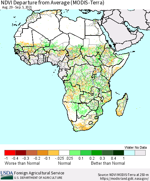 Africa NDVI Departure from Average (Terra-MODIS) Thematic Map For 9/1/2021 - 9/10/2021