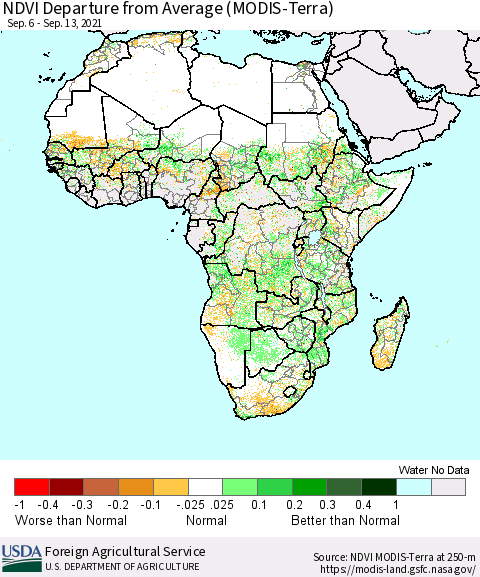 Africa NDVI Departure from Average (Terra-MODIS) Thematic Map For 9/11/2021 - 9/20/2021