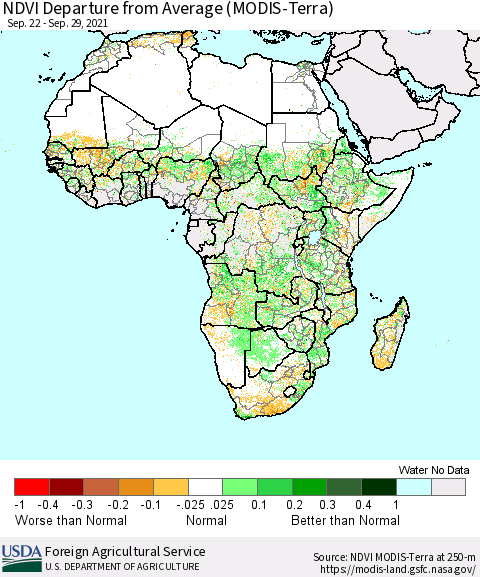 Africa NDVI Departure from Average (Terra-MODIS) Thematic Map For 9/21/2021 - 9/30/2021