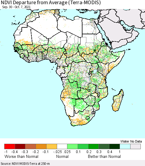 Africa NDVI Departure from Average (Terra-MODIS) Thematic Map For 9/30/2021 - 10/7/2021