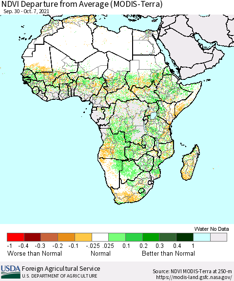 Africa NDVI Departure from Average (Terra-MODIS) Thematic Map For 10/1/2021 - 10/10/2021