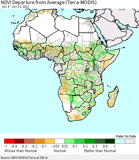 Africa NDVI Departure from Average (Terra-MODIS) Thematic Map For 10/8/2021 - 10/15/2021