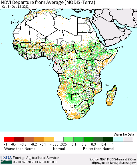 Africa NDVI Departure from Average (Terra-MODIS) Thematic Map For 10/11/2021 - 10/20/2021