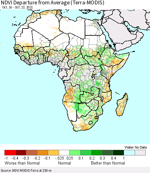 Africa NDVI Departure from Average (Terra-MODIS) Thematic Map For 10/16/2021 - 10/23/2021