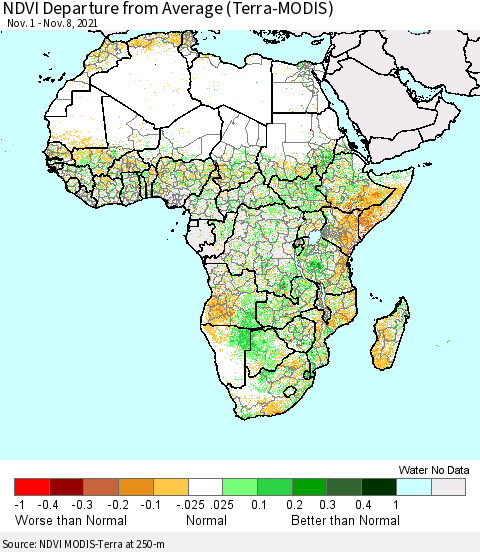 Africa NDVI Departure from Average (Terra-MODIS) Thematic Map For 11/1/2021 - 11/8/2021