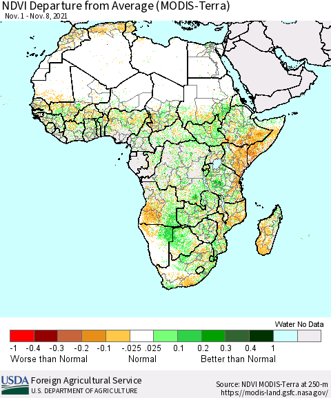 Africa NDVI Departure from Average (Terra-MODIS) Thematic Map For 11/1/2021 - 11/10/2021