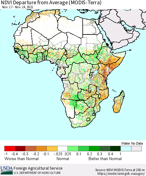 Africa NDVI Departure from Average (Terra-MODIS) Thematic Map For 11/21/2021 - 11/30/2021