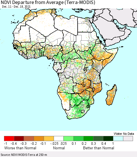 Africa NDVI Departure from Average (Terra-MODIS) Thematic Map For 12/11/2021 - 12/18/2021