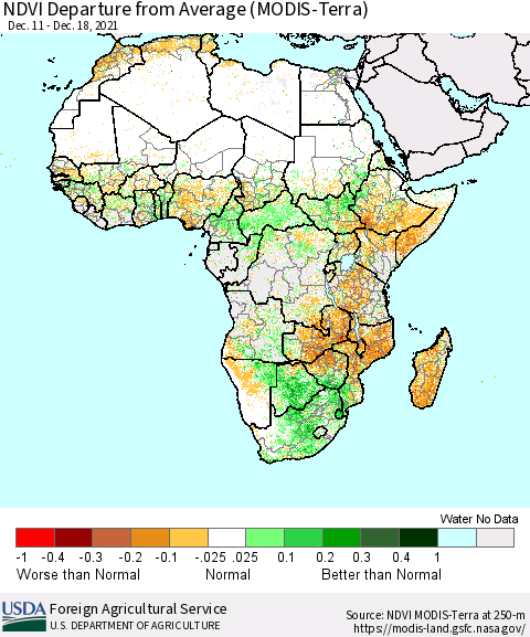 Africa NDVI Departure from Average (Terra-MODIS) Thematic Map For 12/11/2021 - 12/20/2021