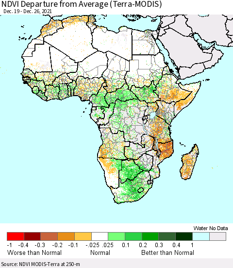 Africa NDVI Departure from Average (Terra-MODIS) Thematic Map For 12/19/2021 - 12/26/2021