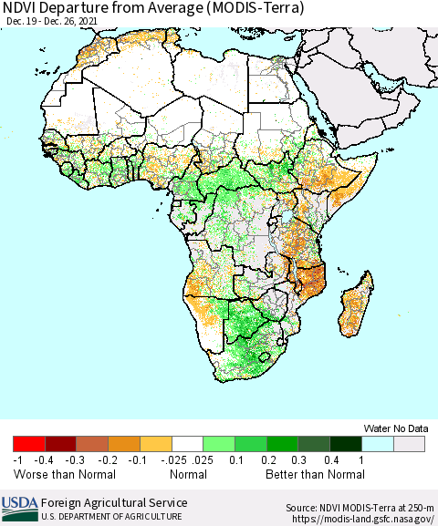 Africa NDVI Departure from Average (Terra-MODIS) Thematic Map For 12/21/2021 - 12/31/2021