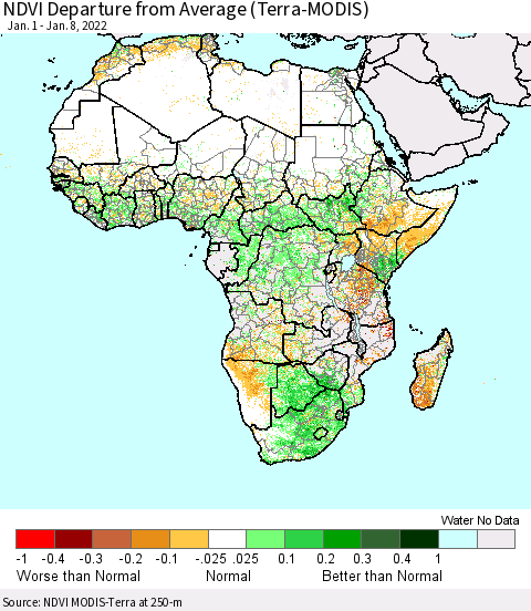 Africa NDVI Departure from Average (Terra-MODIS) Thematic Map For 1/1/2022 - 1/8/2022