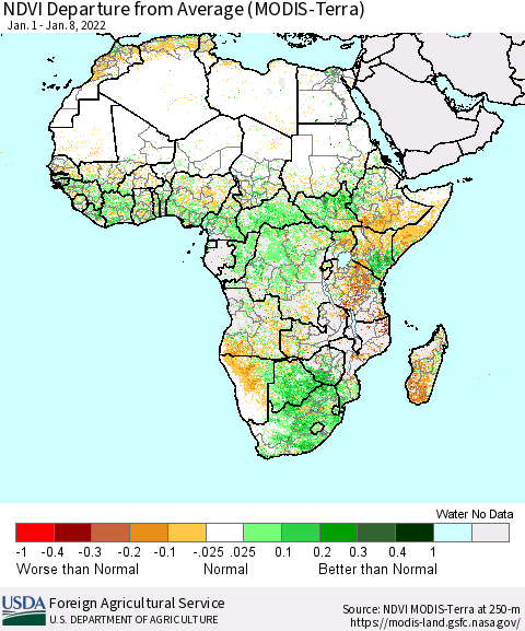 Africa NDVI Departure from Average (Terra-MODIS) Thematic Map For 1/1/2022 - 1/10/2022