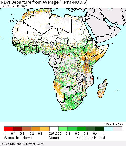 Africa NDVI Departure from Average (Terra-MODIS) Thematic Map For 1/9/2022 - 1/16/2022