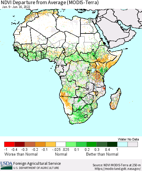 Africa NDVI Departure from Average (Terra-MODIS) Thematic Map For 1/11/2022 - 1/20/2022