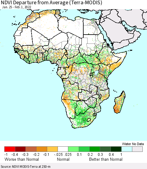 Africa NDVI Departure from Average (Terra-MODIS) Thematic Map For 1/25/2022 - 2/1/2022