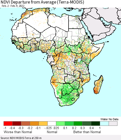 Africa NDVI Departure from Average (Terra-MODIS) Thematic Map For 2/2/2022 - 2/9/2022