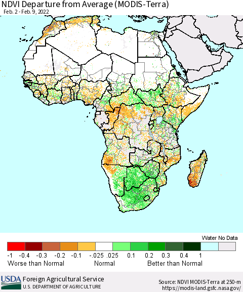 Africa NDVI Departure from Average (Terra-MODIS) Thematic Map For 2/1/2022 - 2/10/2022