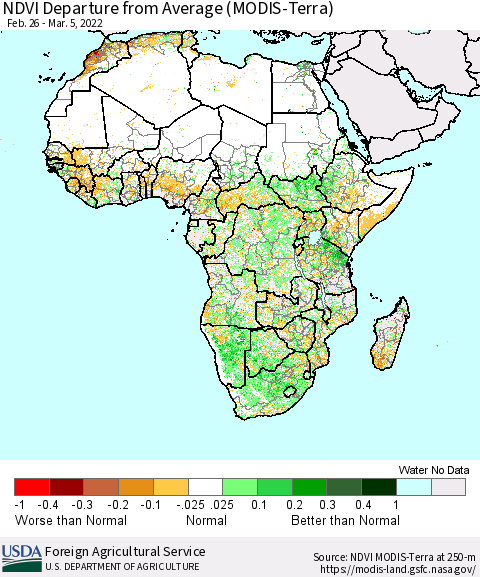 Africa NDVI Departure from Average (Terra-MODIS) Thematic Map For 3/1/2022 - 3/10/2022