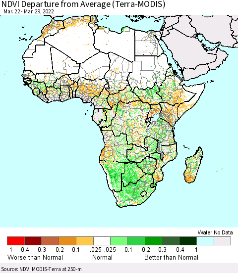 Africa NDVI Departure from Average (Terra-MODIS) Thematic Map For 3/22/2022 - 3/29/2022