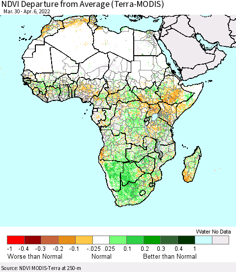 Africa NDVI Departure from Average (Terra-MODIS) Thematic Map For 3/30/2022 - 4/6/2022