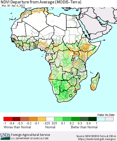Africa NDVI Departure from Average (Terra-MODIS) Thematic Map For 4/1/2022 - 4/10/2022