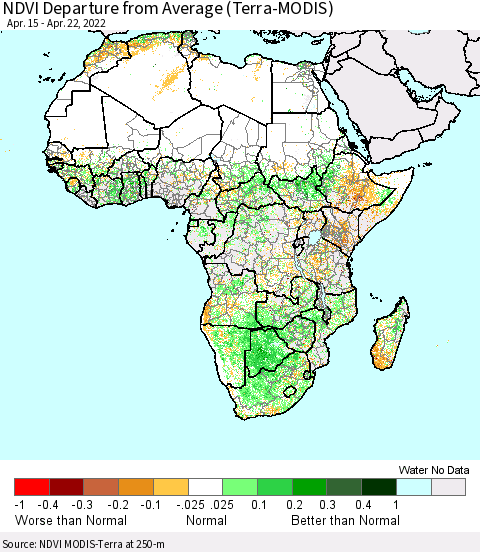 Africa NDVI Departure from Average (Terra-MODIS) Thematic Map For 4/15/2022 - 4/22/2022