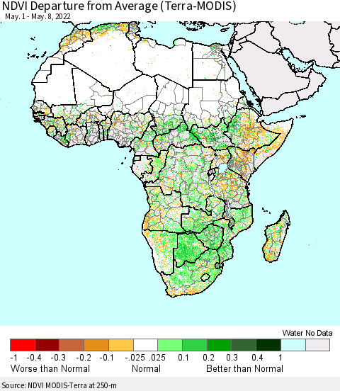 Africa NDVI Departure from Average (Terra-MODIS) Thematic Map For 5/1/2022 - 5/8/2022