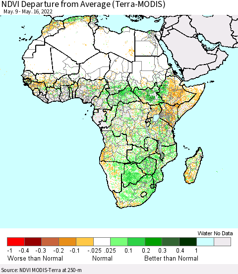 Africa NDVI Departure from Average (Terra-MODIS) Thematic Map For 5/9/2022 - 5/16/2022