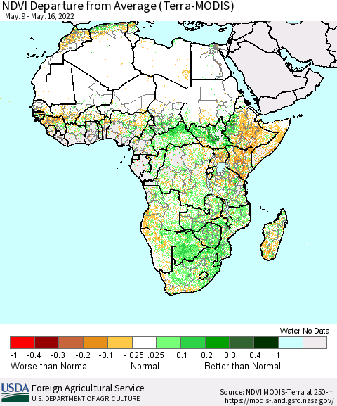 Africa NDVI Departure from Average (Terra-MODIS) Thematic Map For 5/11/2022 - 5/20/2022