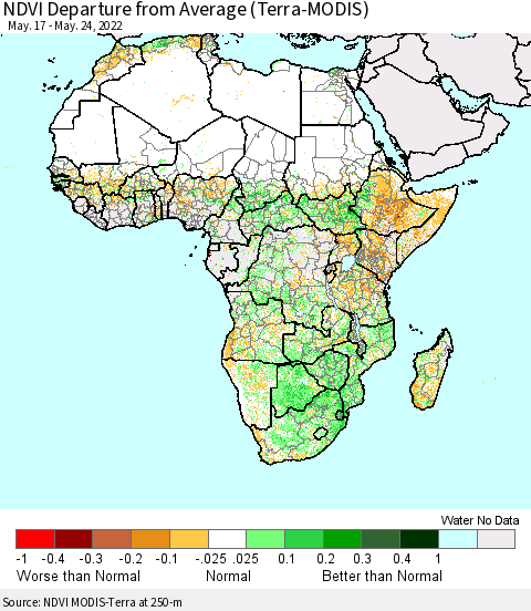 Africa NDVI Departure from Average (Terra-MODIS) Thematic Map For 5/17/2022 - 5/24/2022
