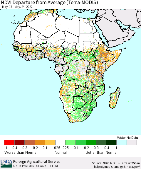 Africa NDVI Departure from Average (Terra-MODIS) Thematic Map For 5/21/2022 - 5/31/2022