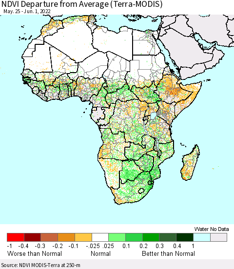 Africa NDVI Departure from Average (Terra-MODIS) Thematic Map For 5/25/2022 - 6/1/2022