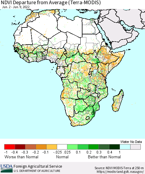 Africa NDVI Departure from Average (Terra-MODIS) Thematic Map For 6/1/2022 - 6/10/2022