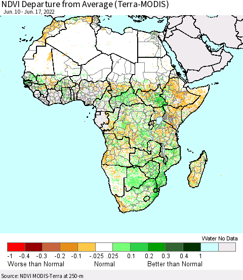 Africa NDVI Departure from Average (Terra-MODIS) Thematic Map For 6/10/2022 - 6/17/2022