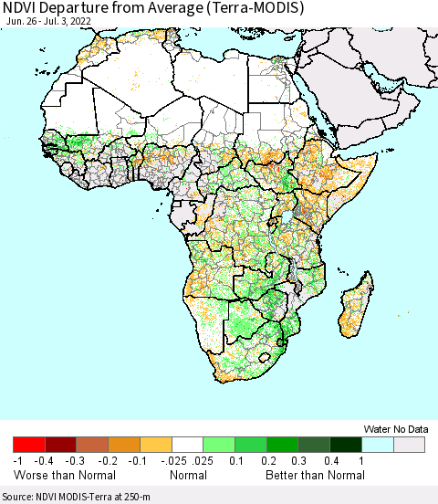 Africa NDVI Departure from Average (Terra-MODIS) Thematic Map For 6/26/2022 - 7/3/2022