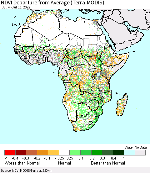 Africa NDVI Departure from Average (Terra-MODIS) Thematic Map For 7/4/2022 - 7/11/2022