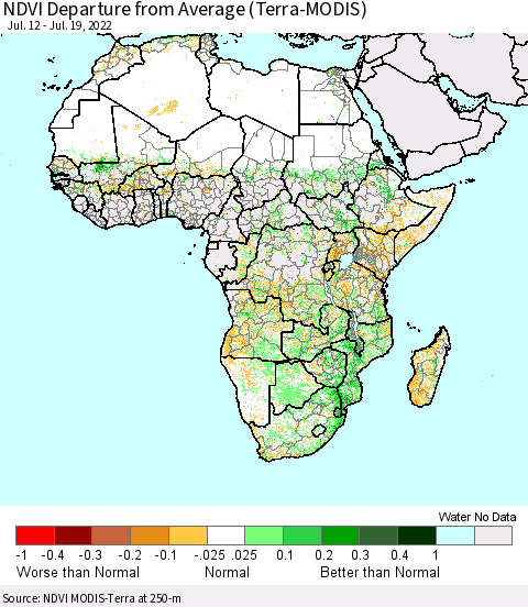 Africa NDVI Departure from Average (Terra-MODIS) Thematic Map For 7/12/2022 - 7/19/2022