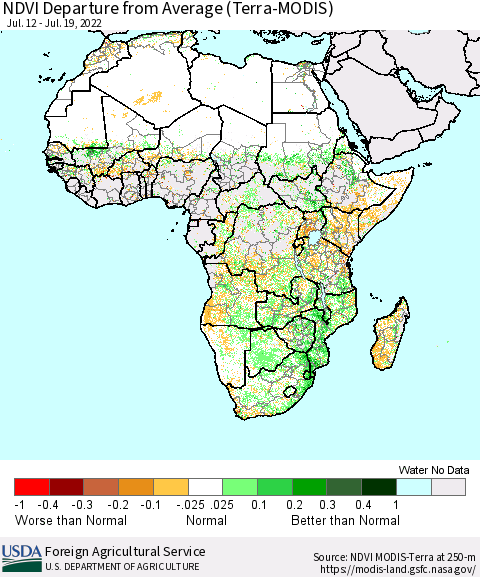 Africa NDVI Departure from Average (Terra-MODIS) Thematic Map For 7/11/2022 - 7/20/2022