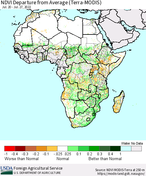 Africa NDVI Departure from Average (Terra-MODIS) Thematic Map For 7/21/2022 - 7/31/2022