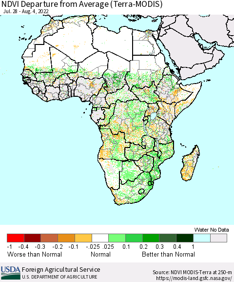 Africa NDVI Departure from Average (Terra-MODIS) Thematic Map For 8/1/2022 - 8/10/2022