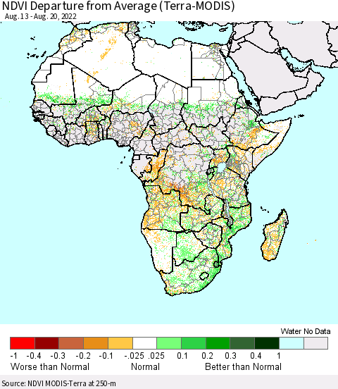 Africa NDVI Departure from Average (Terra-MODIS) Thematic Map For 8/11/2022 - 8/20/2022