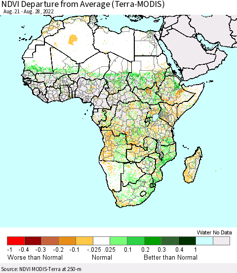 Africa NDVI Departure from Average (Terra-MODIS) Thematic Map For 8/21/2022 - 8/28/2022