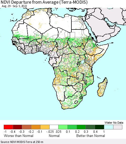 Africa NDVI Departure from Average (Terra-MODIS) Thematic Map For 8/29/2022 - 9/5/2022