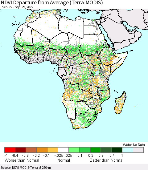 Africa NDVI Departure from Average (Terra-MODIS) Thematic Map For 9/22/2022 - 9/29/2022