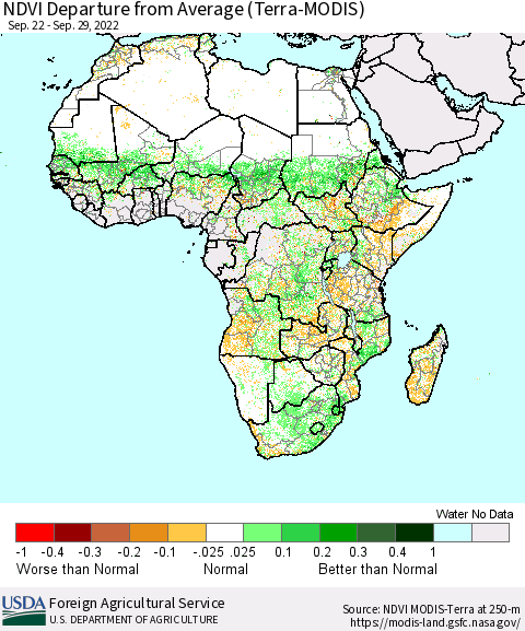 Africa NDVI Departure from Average (Terra-MODIS) Thematic Map For 9/21/2022 - 9/30/2022