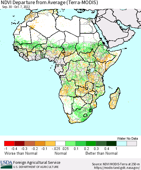 Africa NDVI Departure from Average (Terra-MODIS) Thematic Map For 10/1/2022 - 10/10/2022