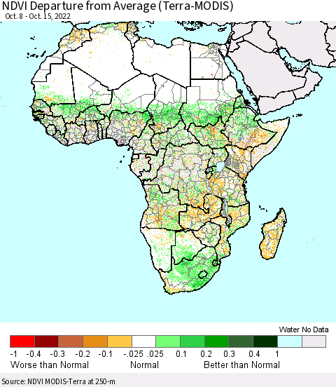 Africa NDVI Departure from Average (Terra-MODIS) Thematic Map For 10/8/2022 - 10/15/2022