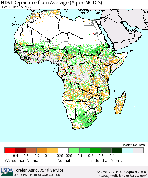 Africa NDVI Departure from Average (Terra-MODIS) Thematic Map For 10/11/2022 - 10/20/2022